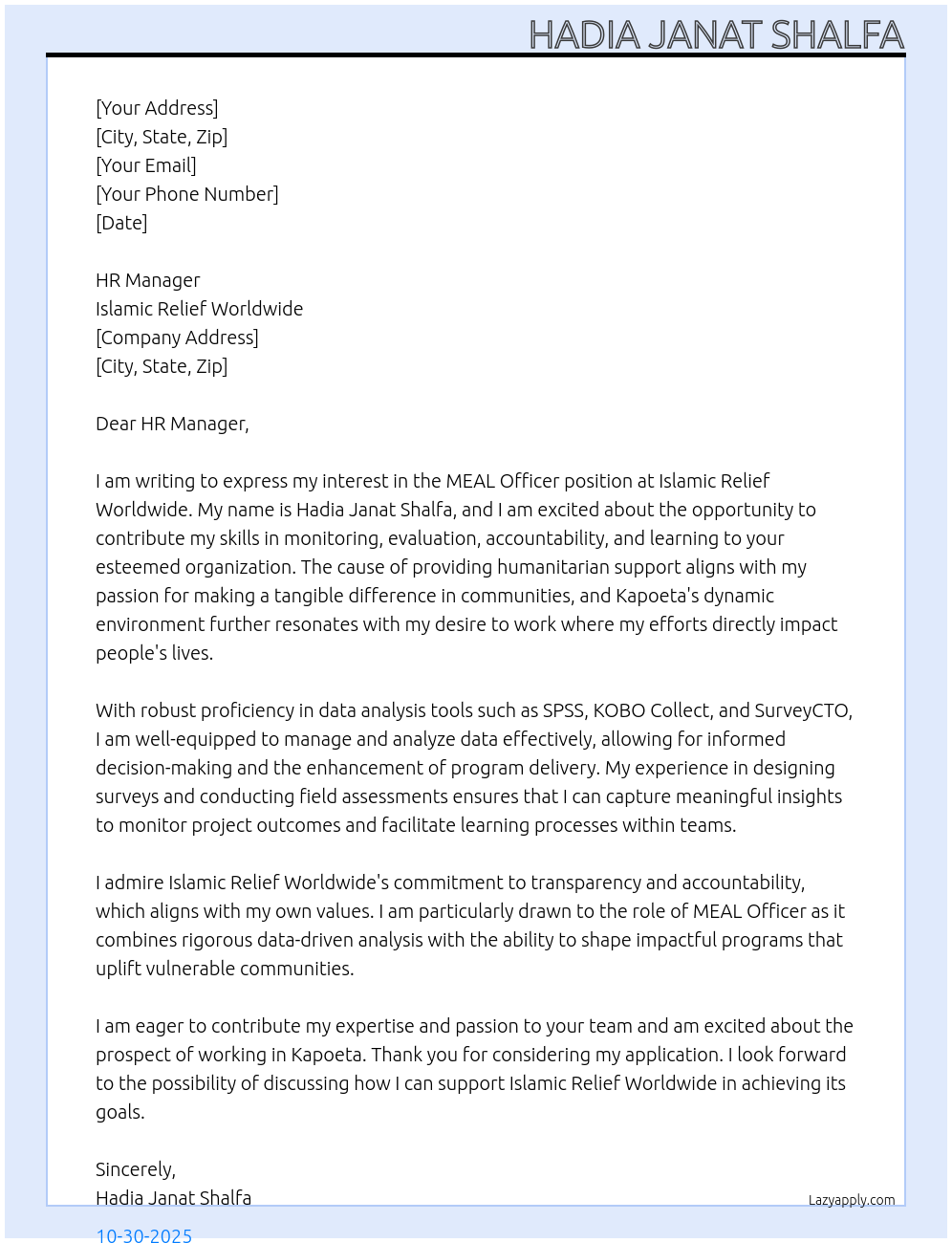 Cover letter for meal officer - LazyApply