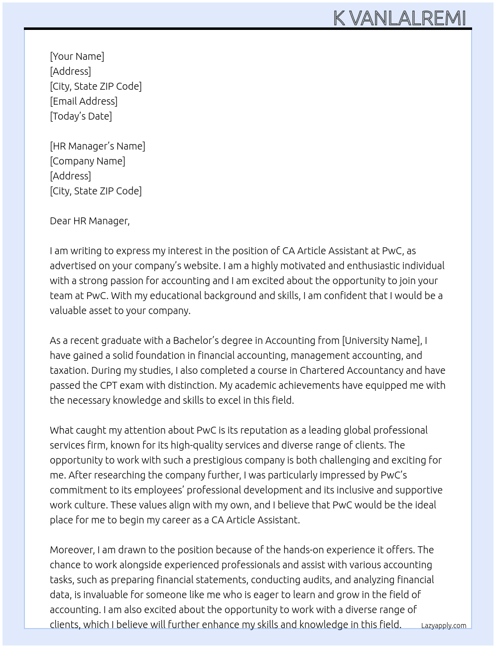 CA Article Assistant At PwC Cover Letter