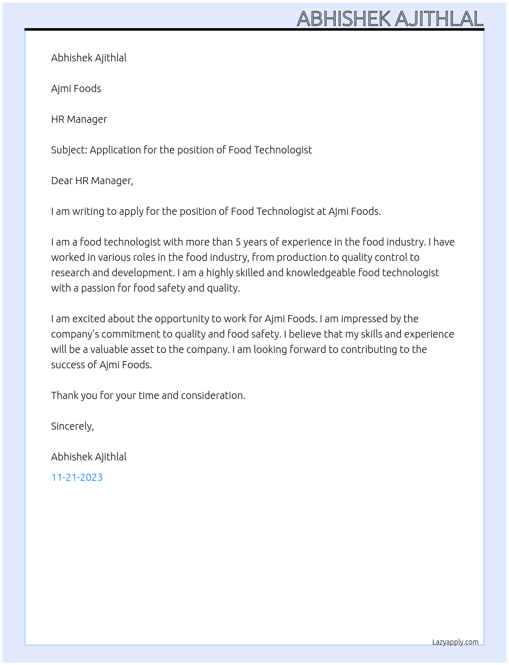 Food Technologist At Ajmi Foods Cover Letter