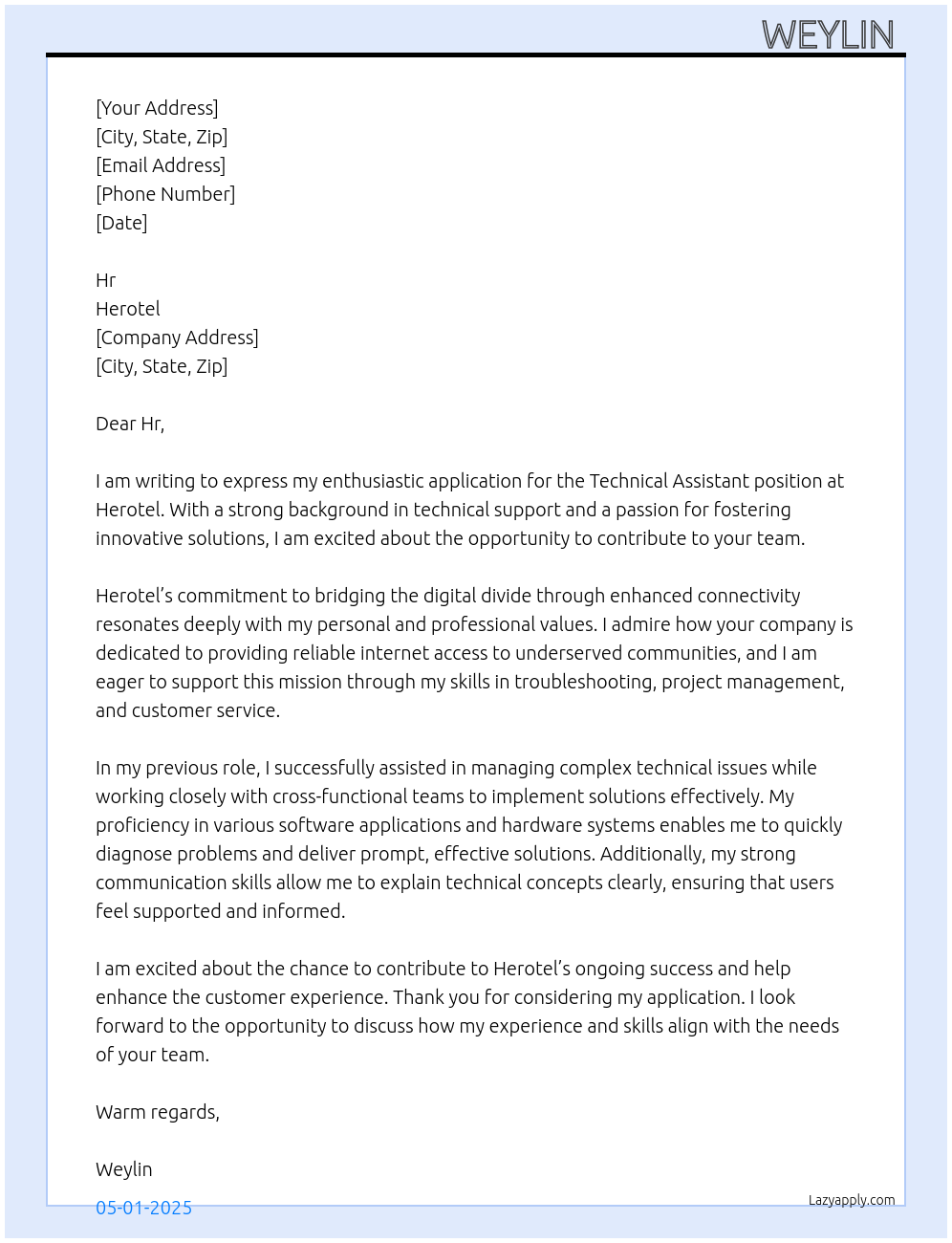 Technical assistant  At Herotel  Cover Letter