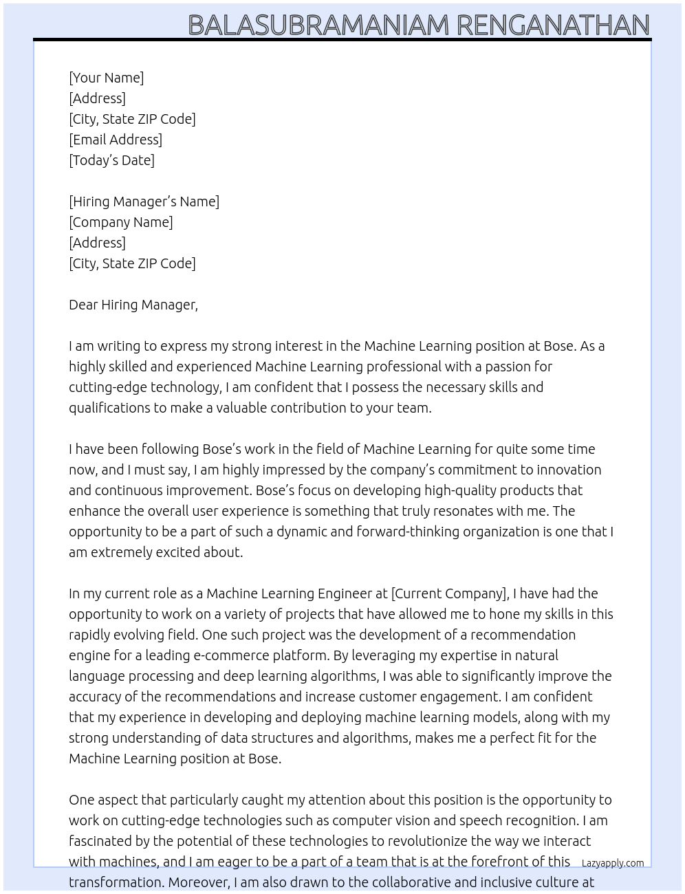 Machine Learning At Bose Cover Letter