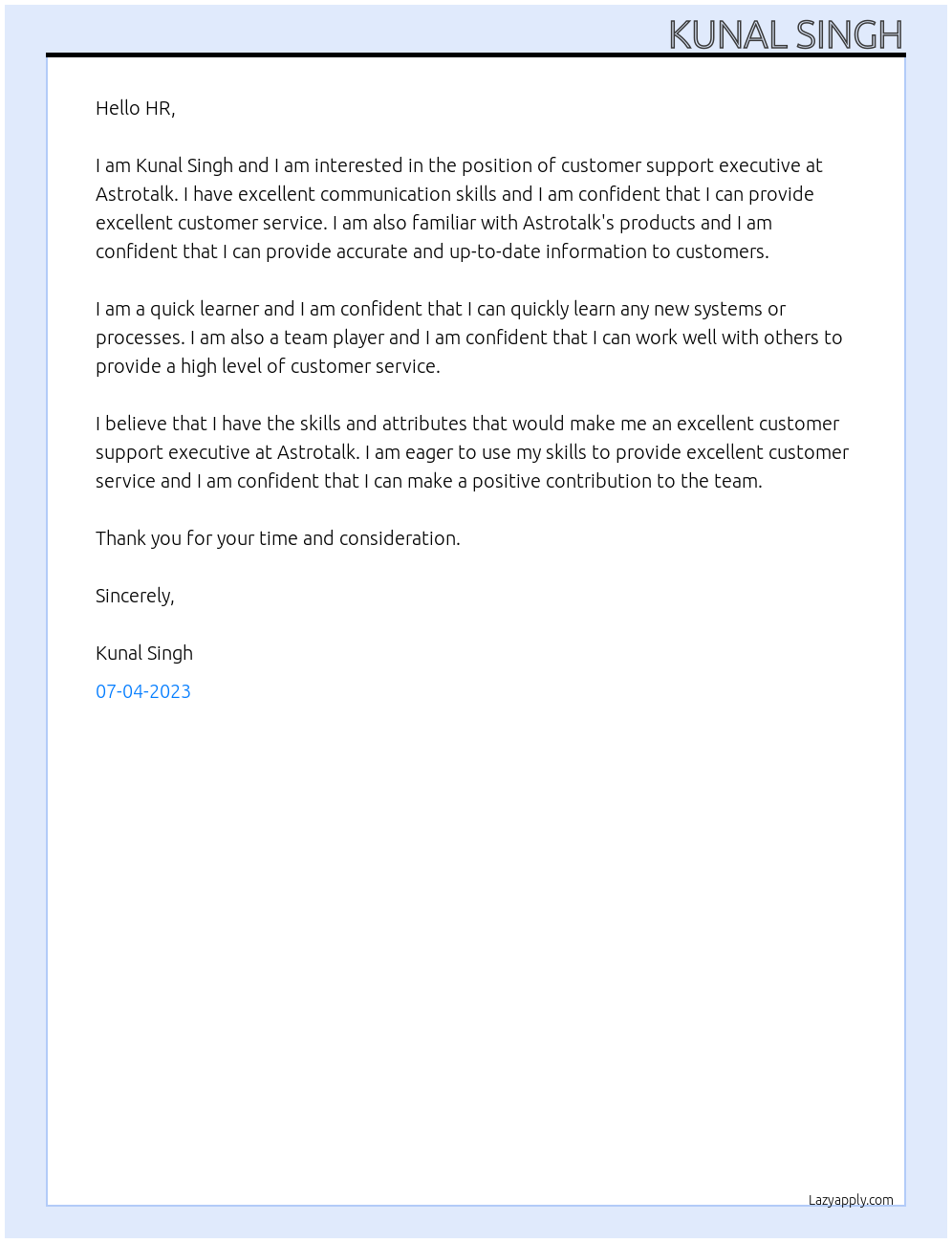 Customer support executive At Astrotalk Cover Letter