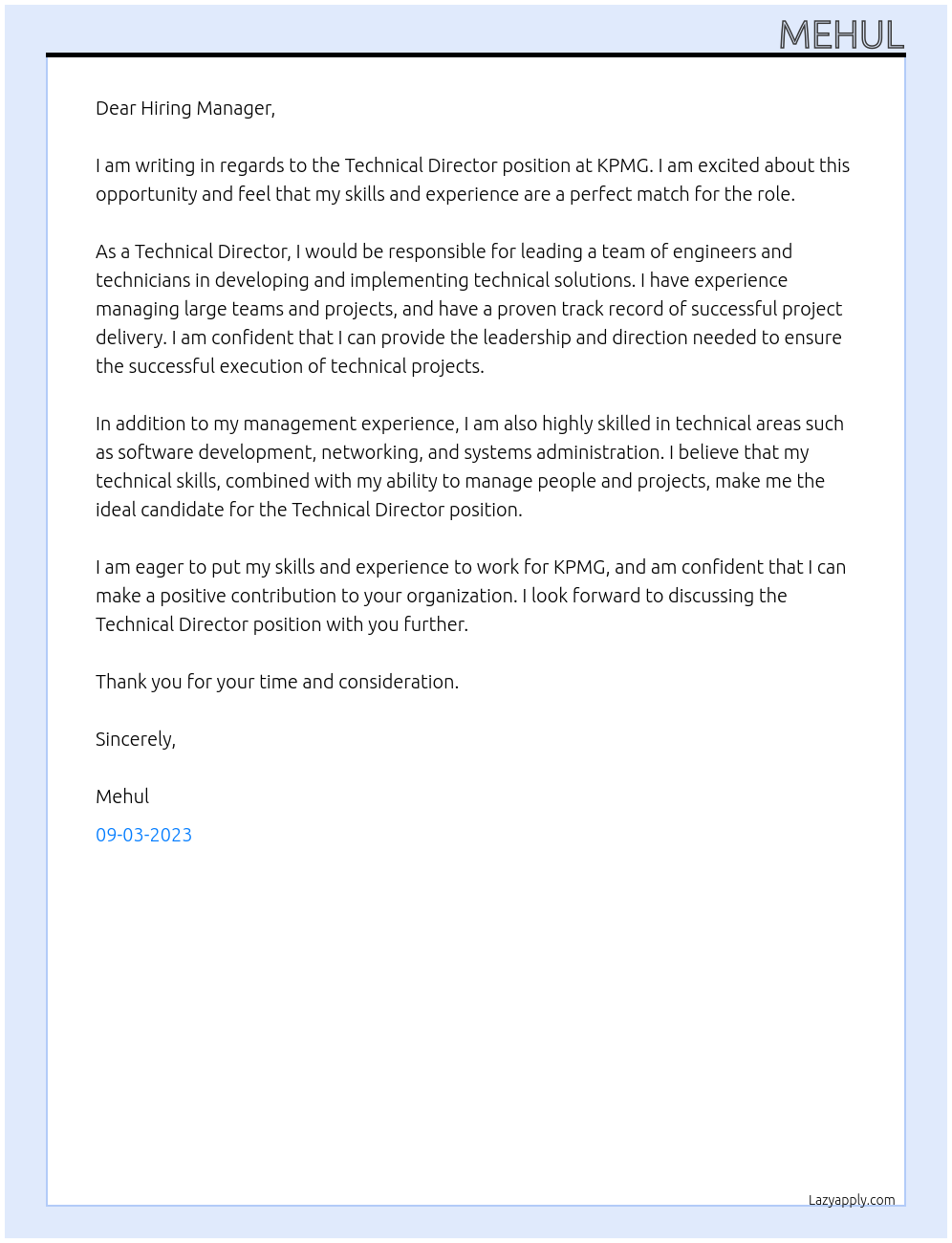 Technical Director At KPMG Cover Letter