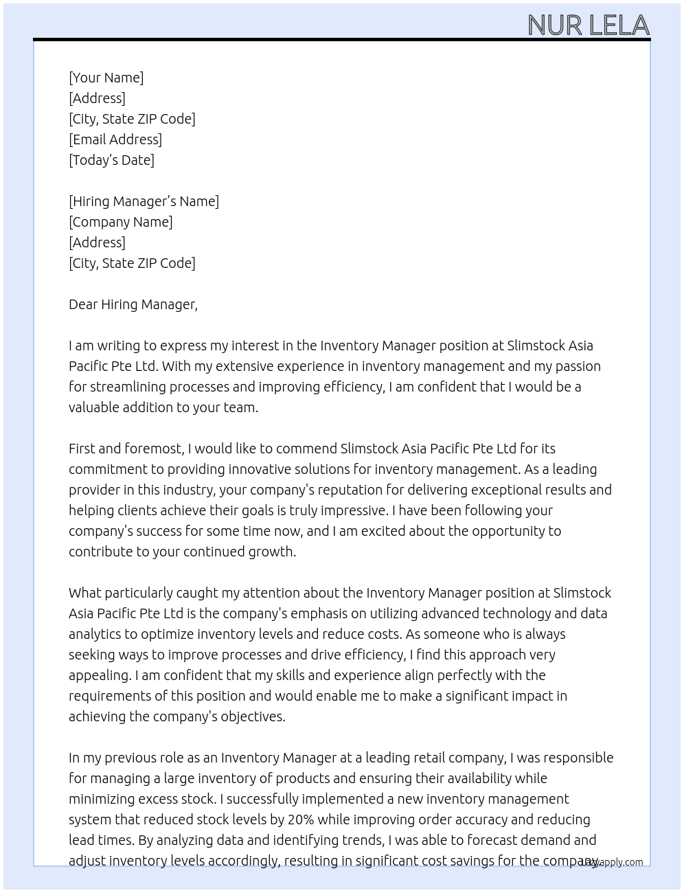 Inventory Manager At Slimstock Asia Pacific Pte Ltd Cover Letter