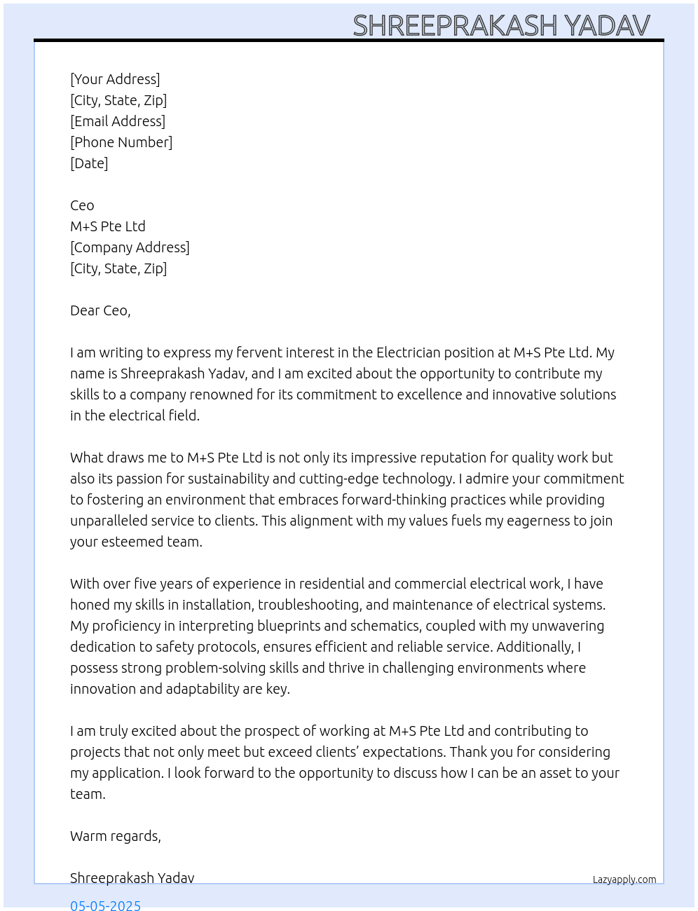 Electrician At M+S pte ltd Cover Letter