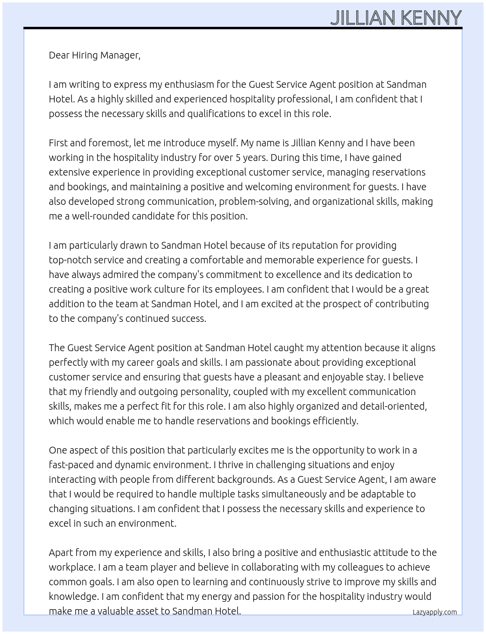 Guest Service Agent At Sandman Hotel Cover Letter