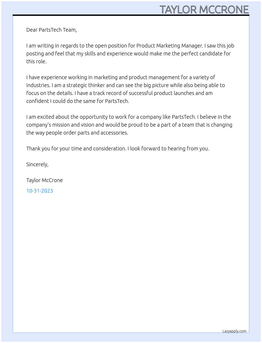 Product Marketing Manager At PartsTech Cover Letter