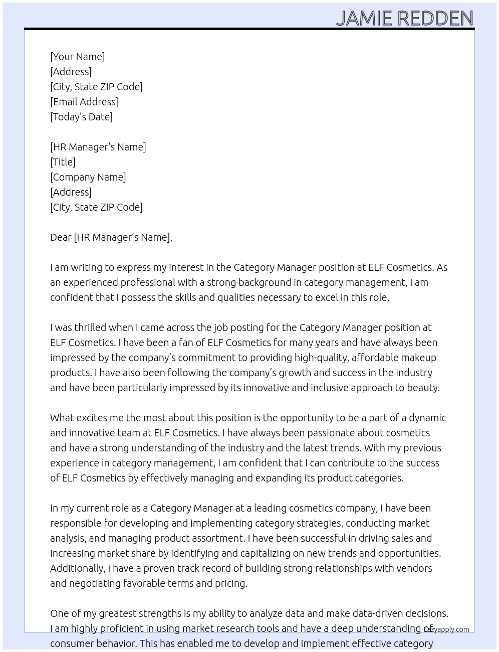 Category Manager At ELF Cosmetics Cover Letter