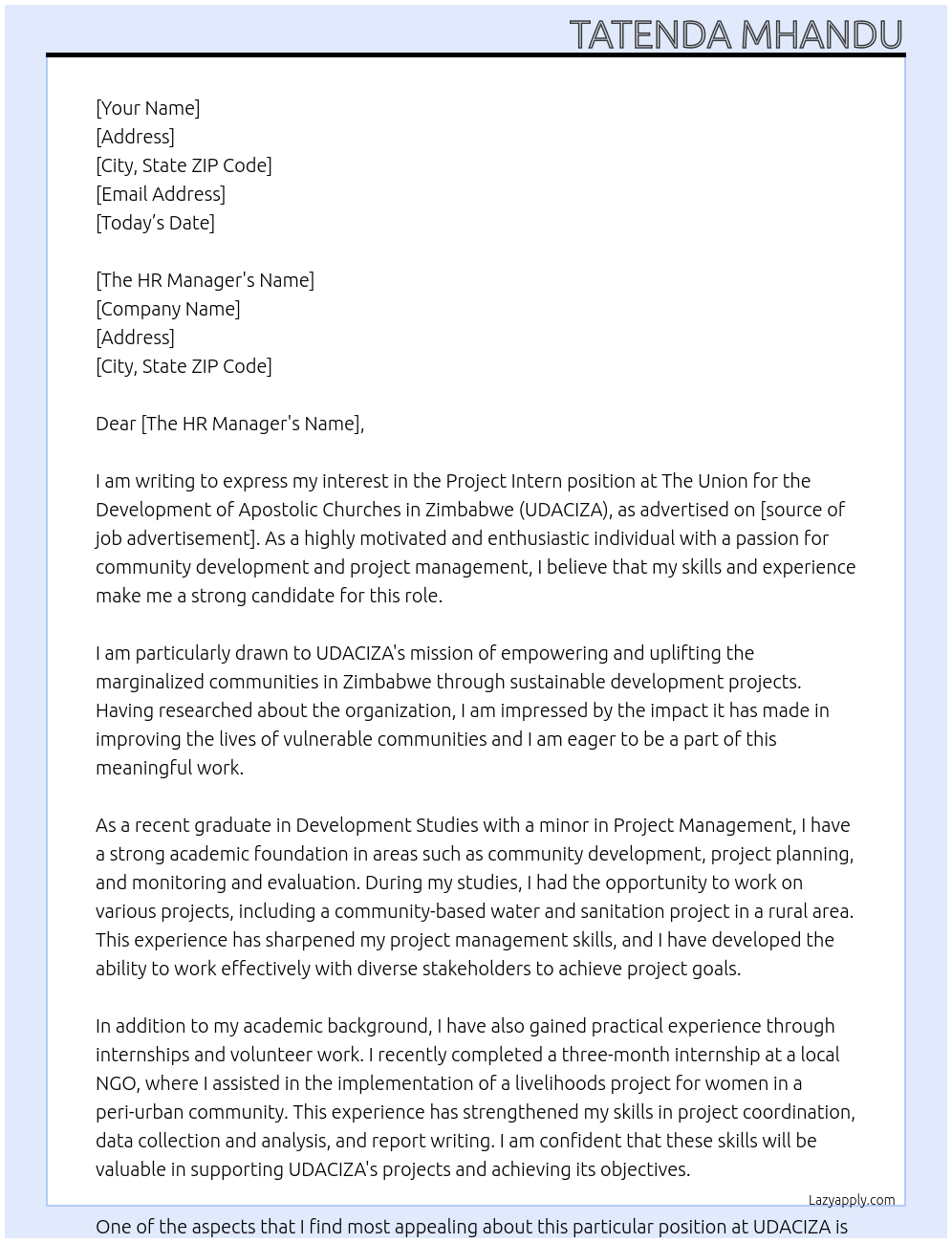 Cover letter for project intern - LazyApply