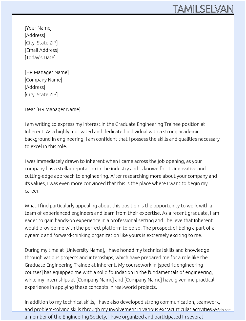 Graduate Engineering Trainee At Inherent Cover Letter