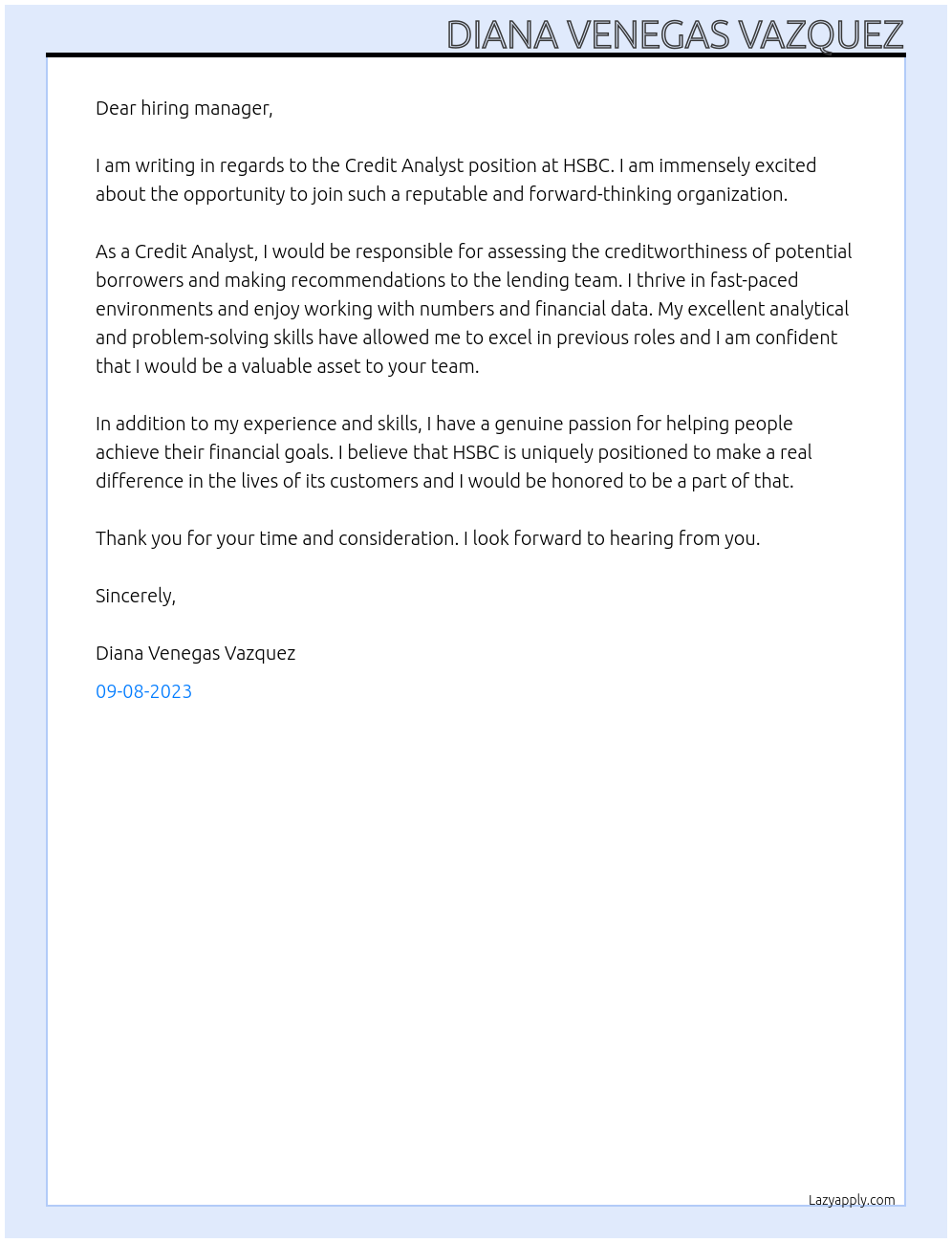 Credit Analyst At HSBC Cover Letter