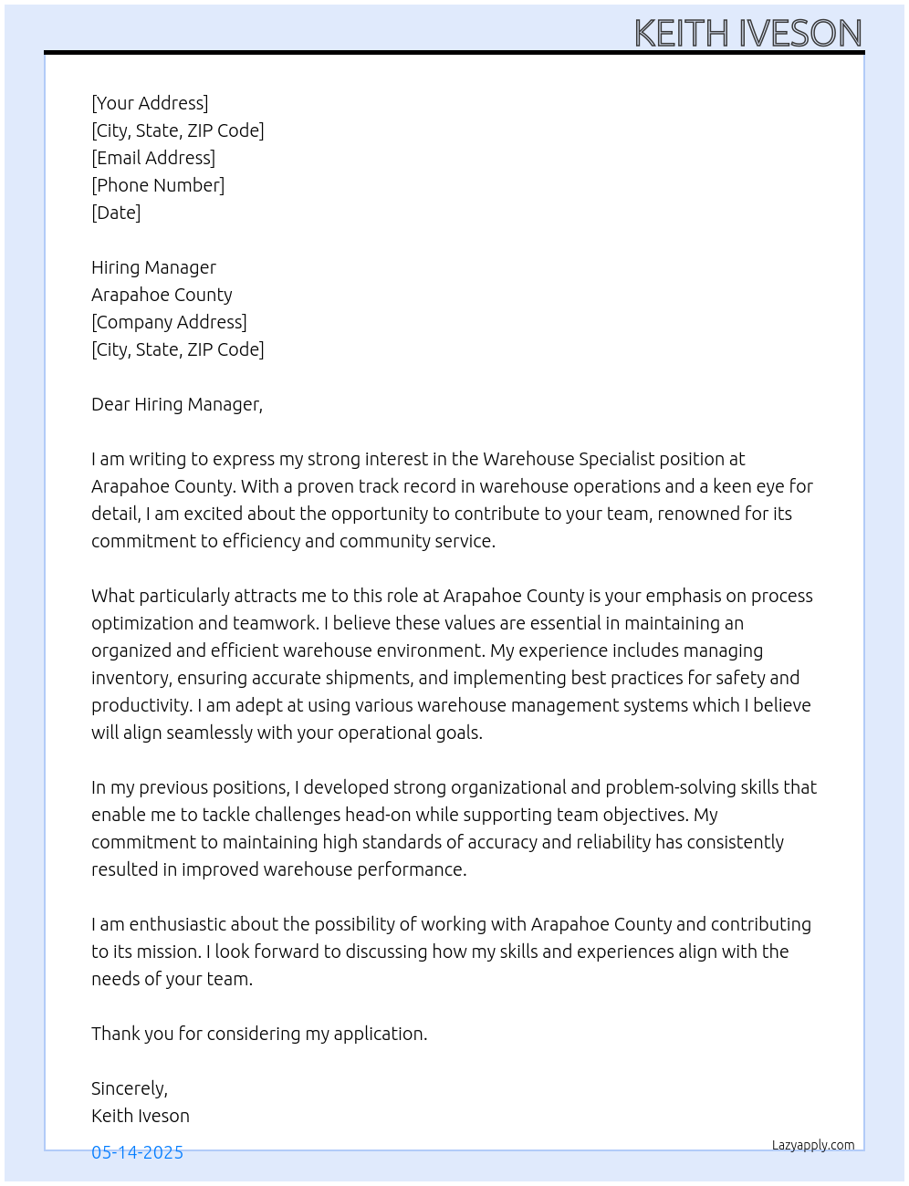 Cover letter for warehouse specialist - LazyApply