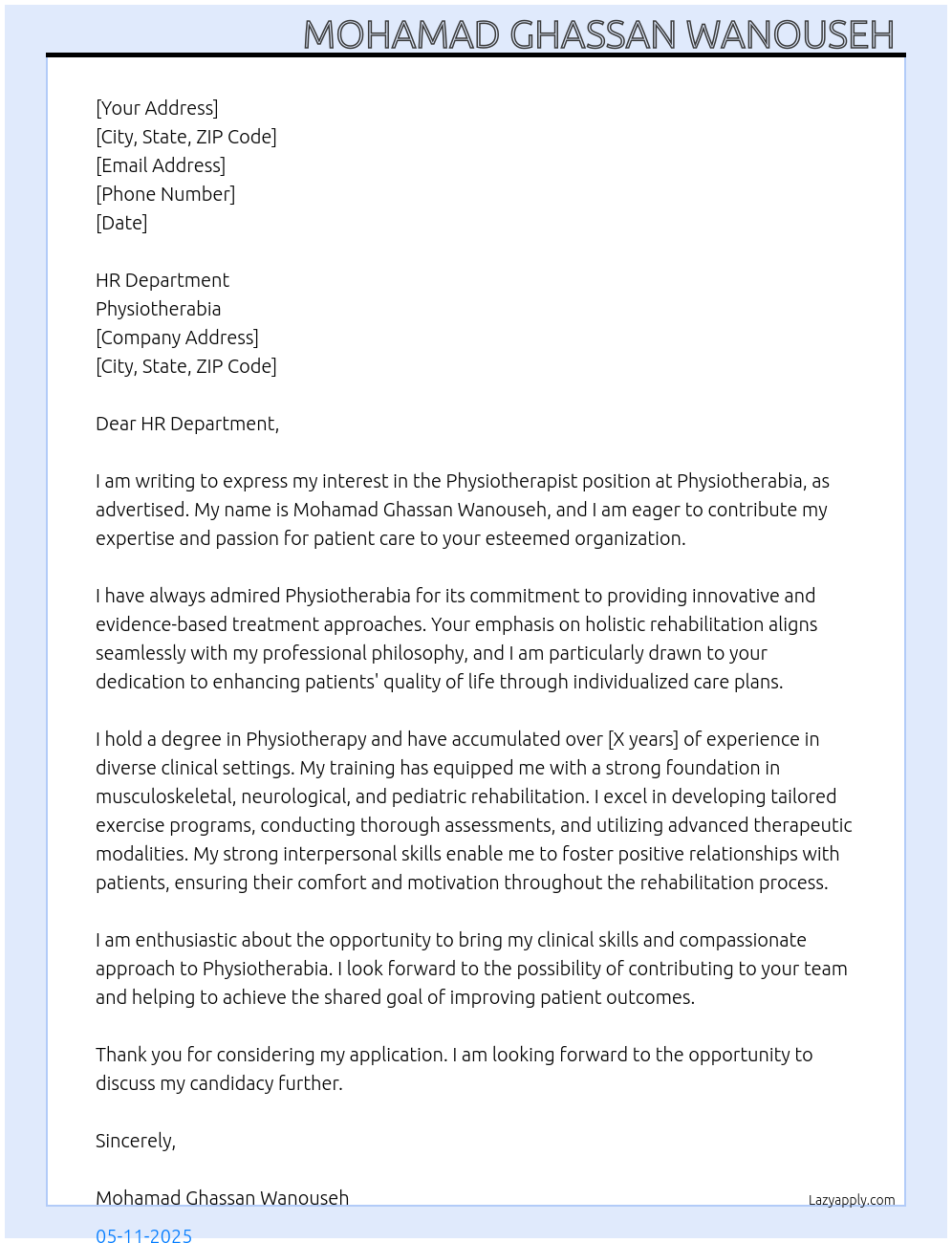 Physiotherapist At Physiotherabia Cover Letter