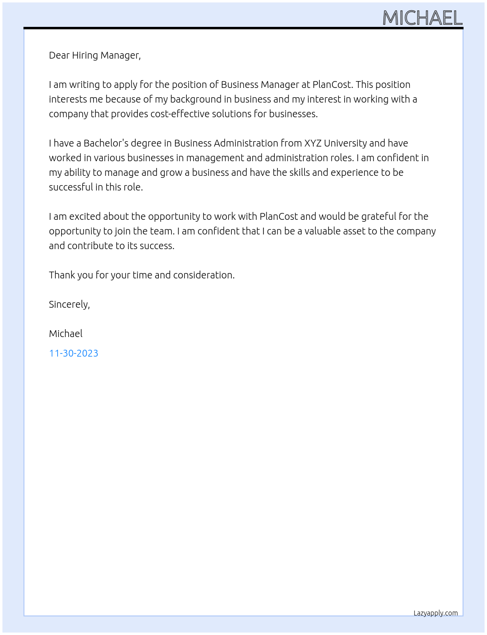 Business Manager At PlanCost Cover Letter