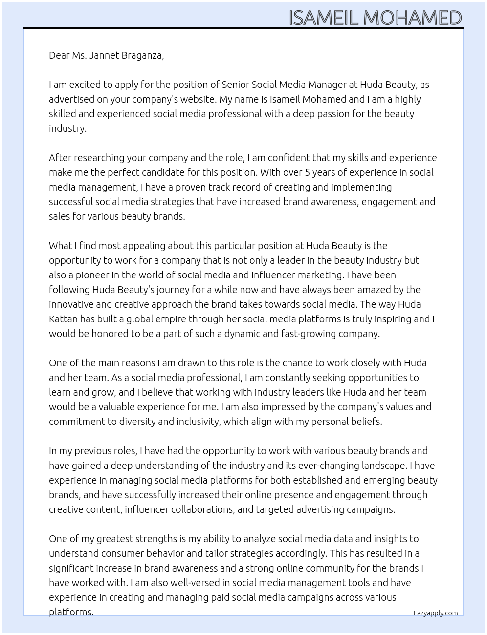 Senior social media manager At huda beauty Cover Letter