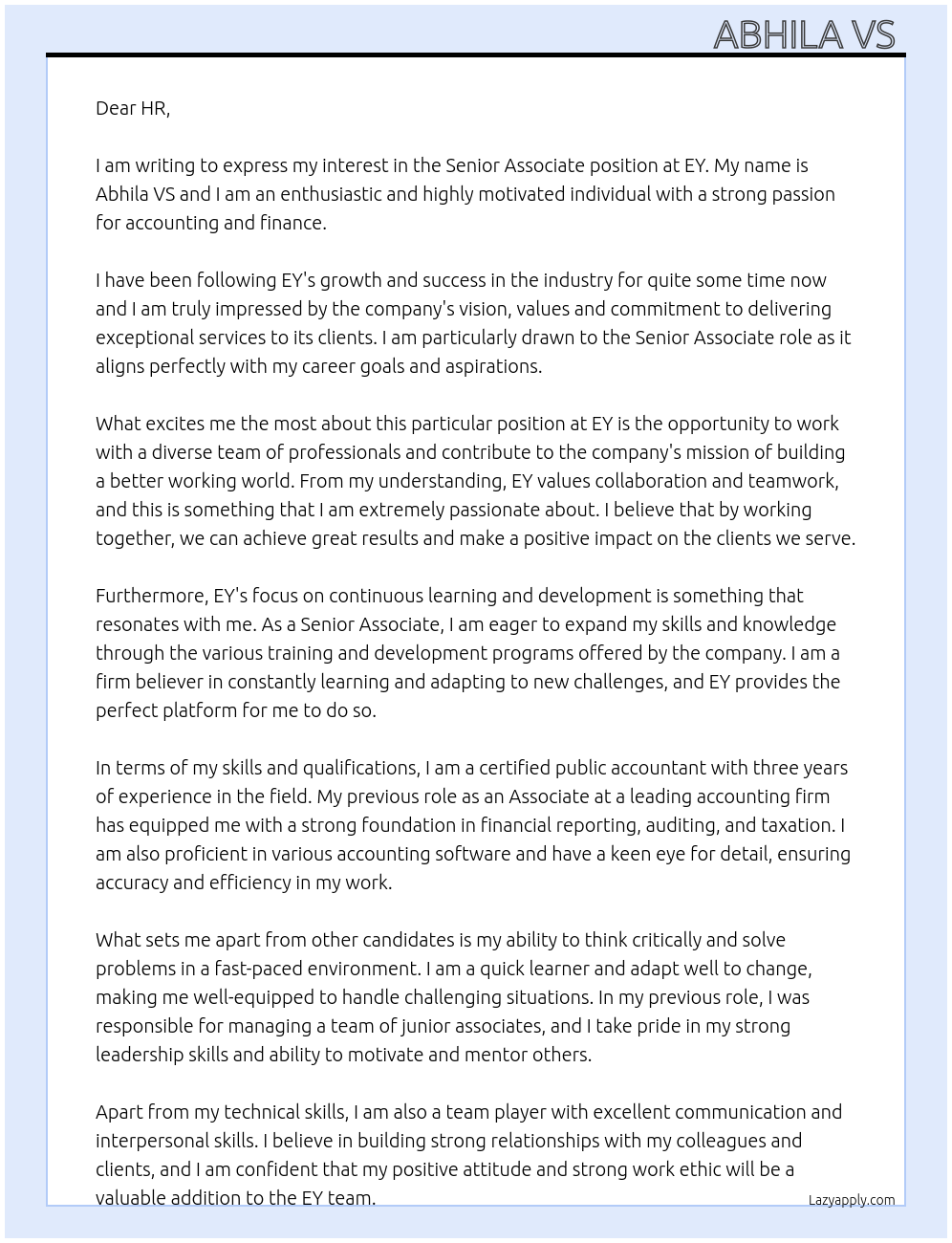 Senior Associate At EY Cover Letter