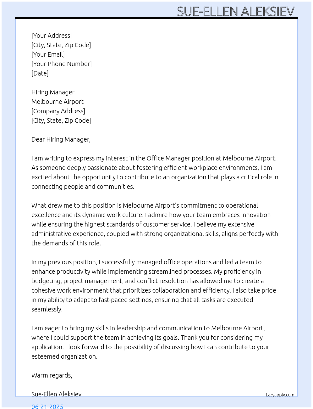 Office Manager At Melbourne Airport Cover Letter