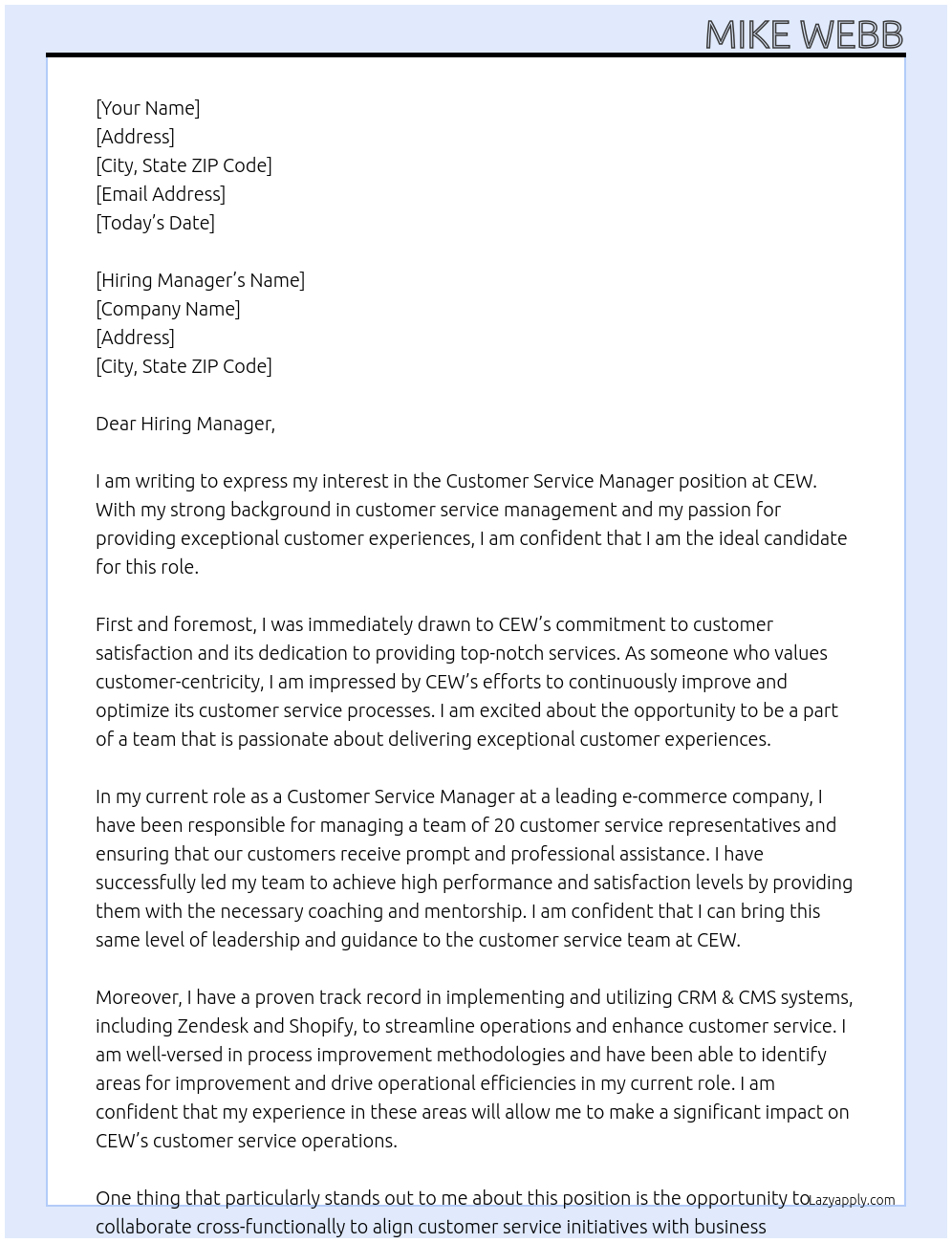 Customer Service Manager At CEW Cover Letter