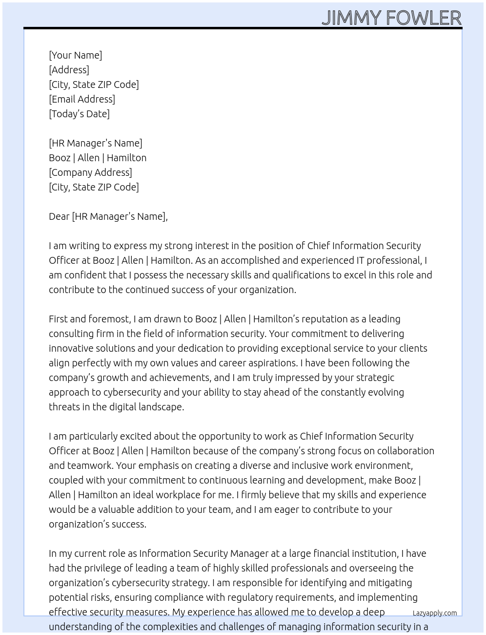 Chief Information Security Officer At Booz | Allen | Hamilton Cover Letter