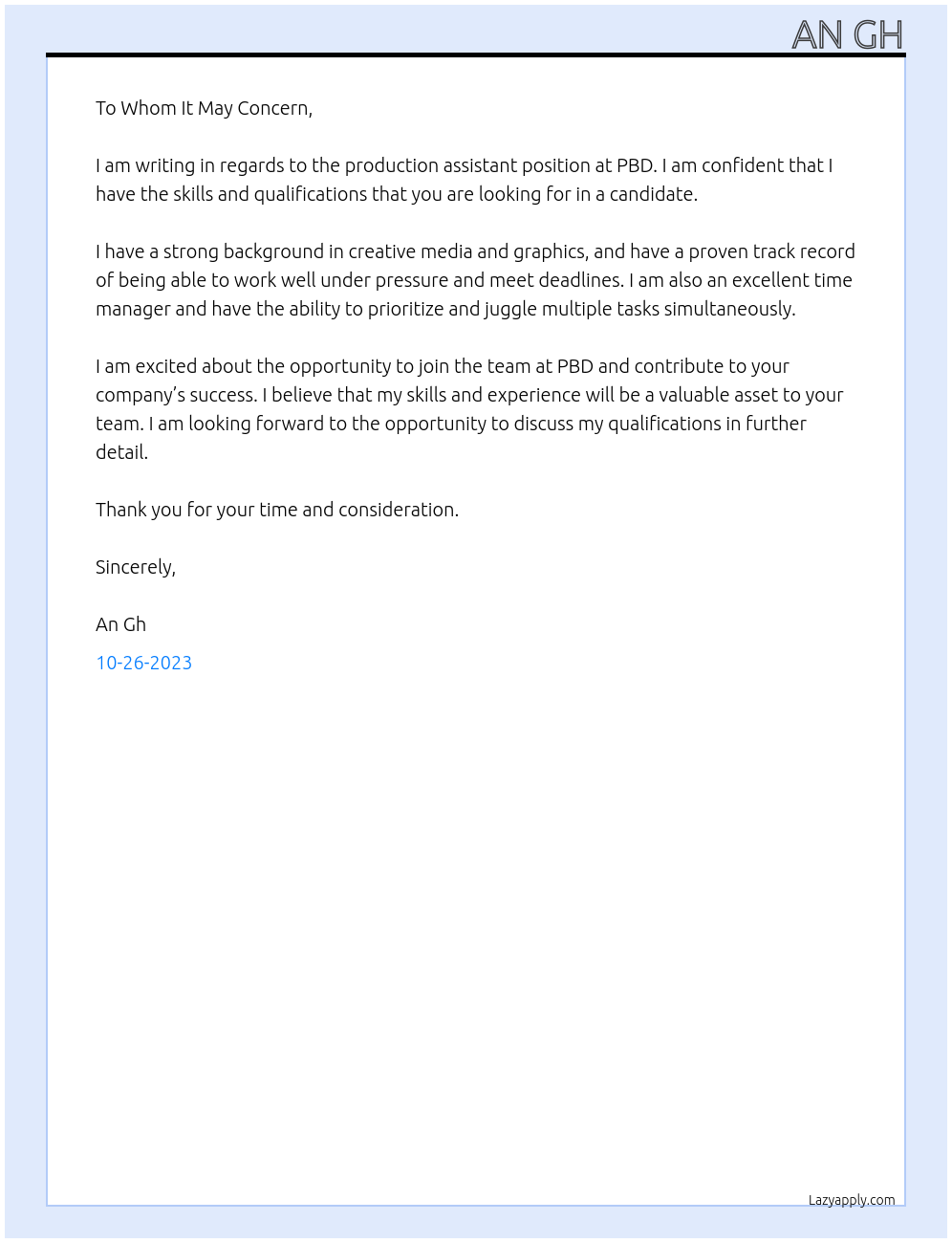 production assistant At PBD Cover Letter