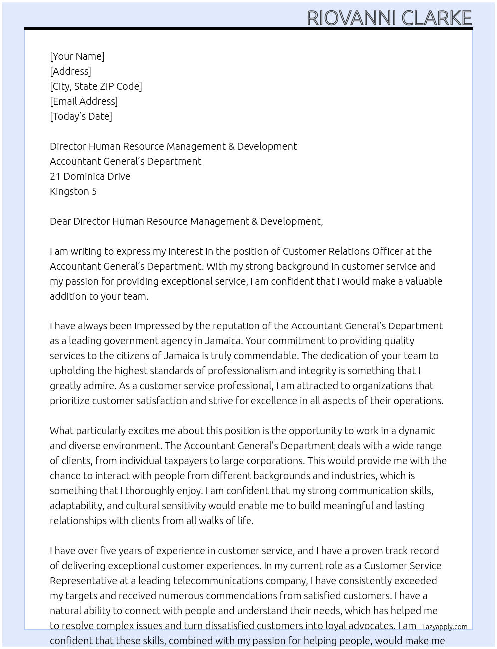 Customer Relations Officer At Accountant General’s Department Cover Letter