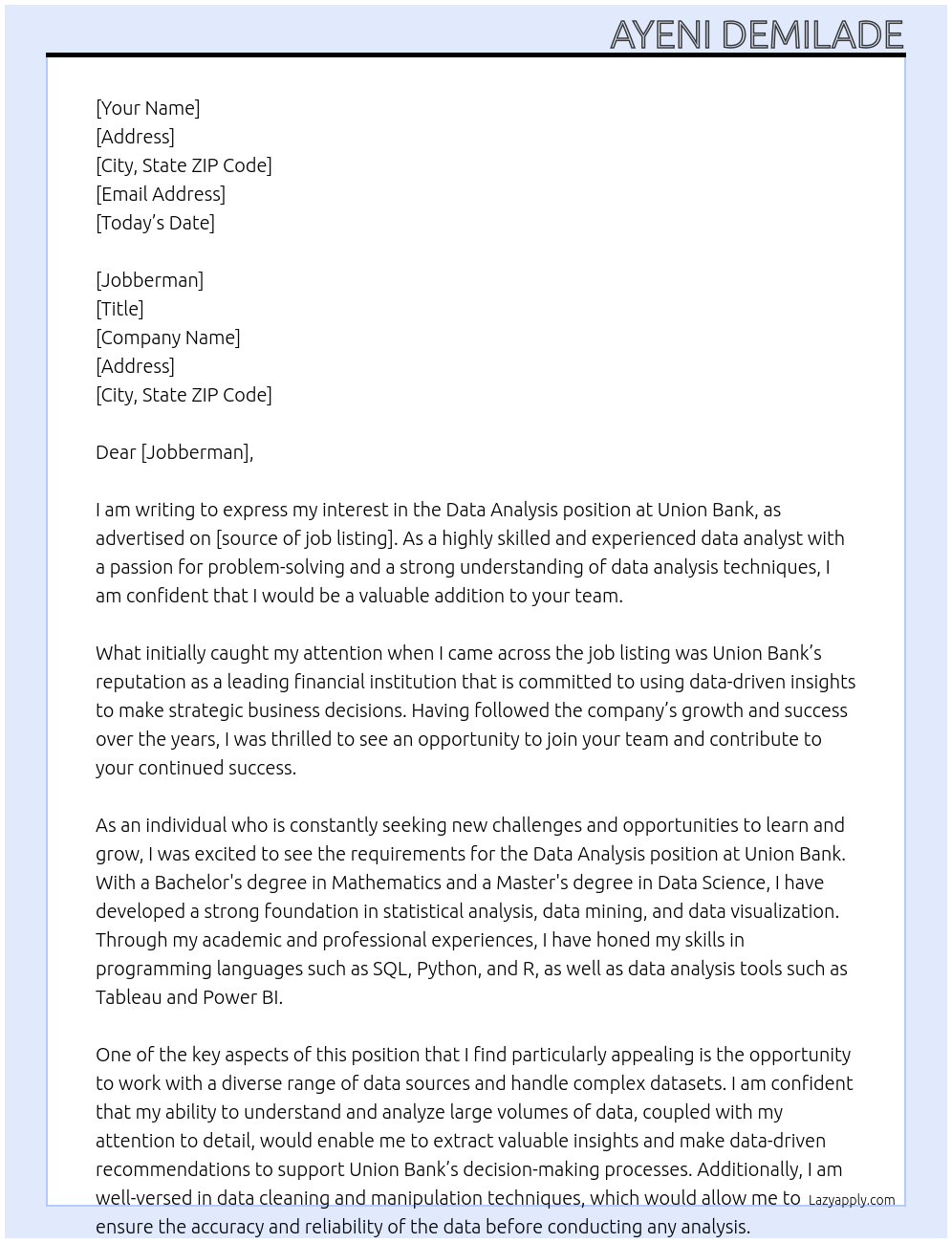 data analysis At unionbank Cover Letter