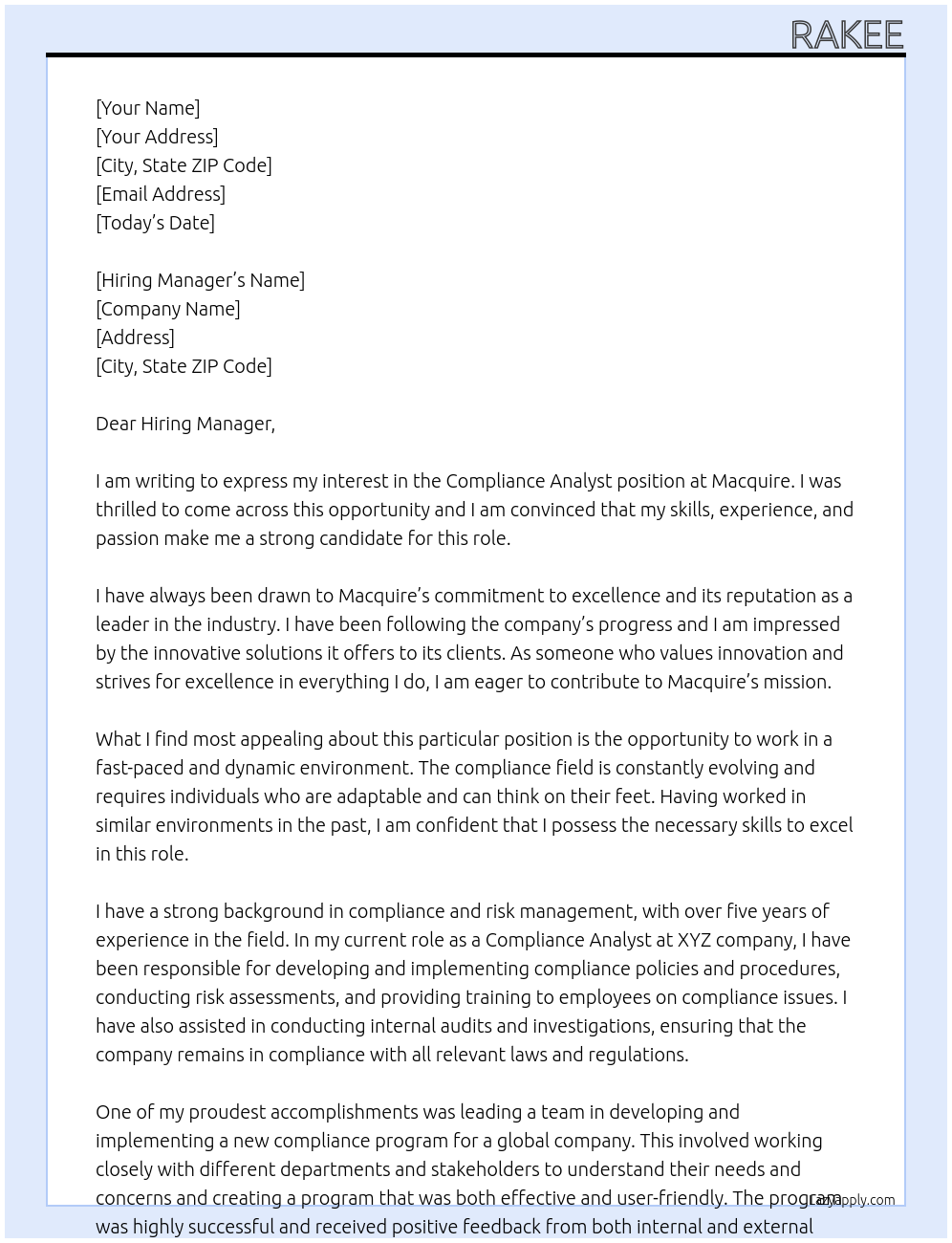 Compliance Analyst At Macquire Cover Letter