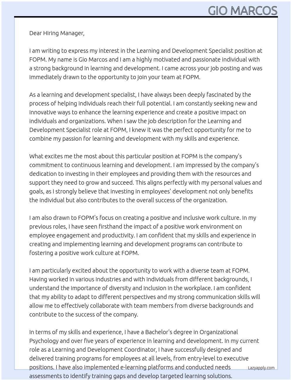 Learning And Development Specialist At FOPM Cover Letter