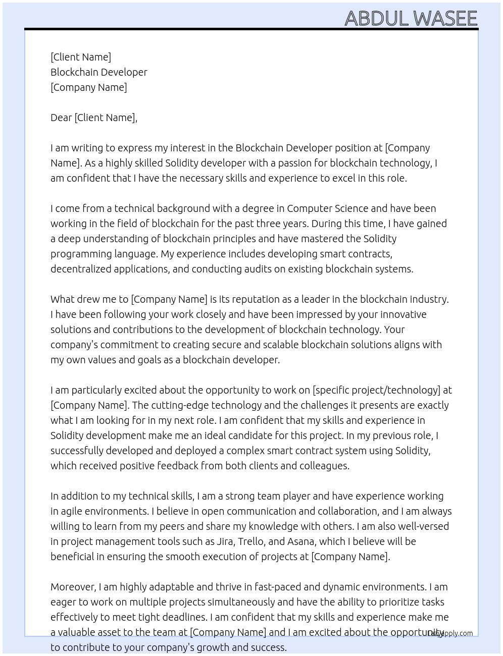 Blockchain Developer At xyz Cover Letter