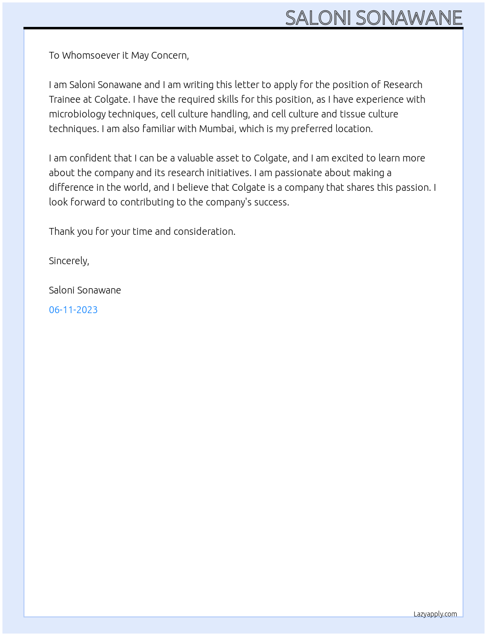 Research trainee At Colgate Cover Letter