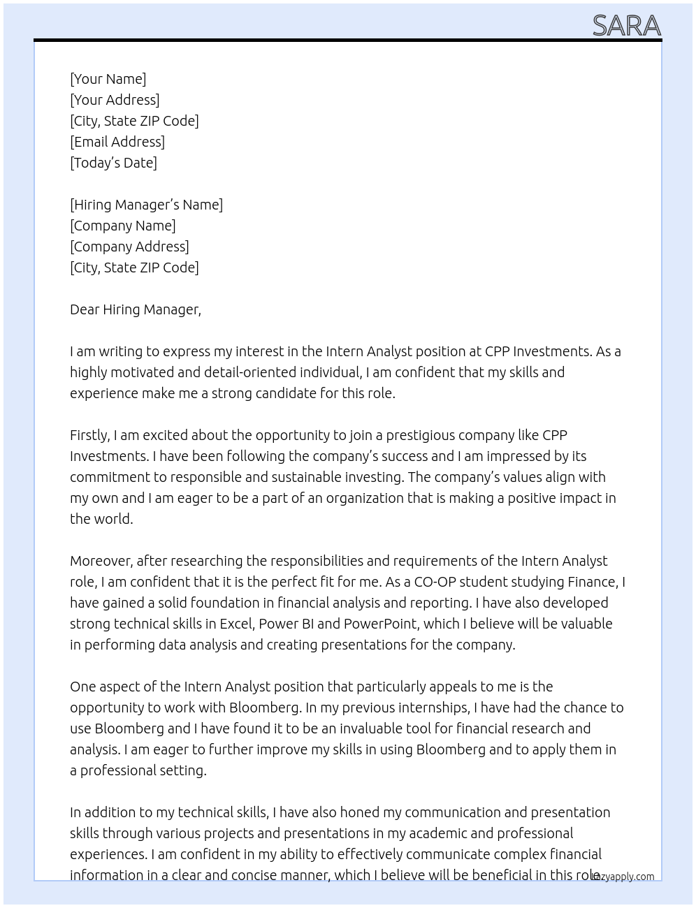 Intern Analyst  At CPP Investments  Cover Letter