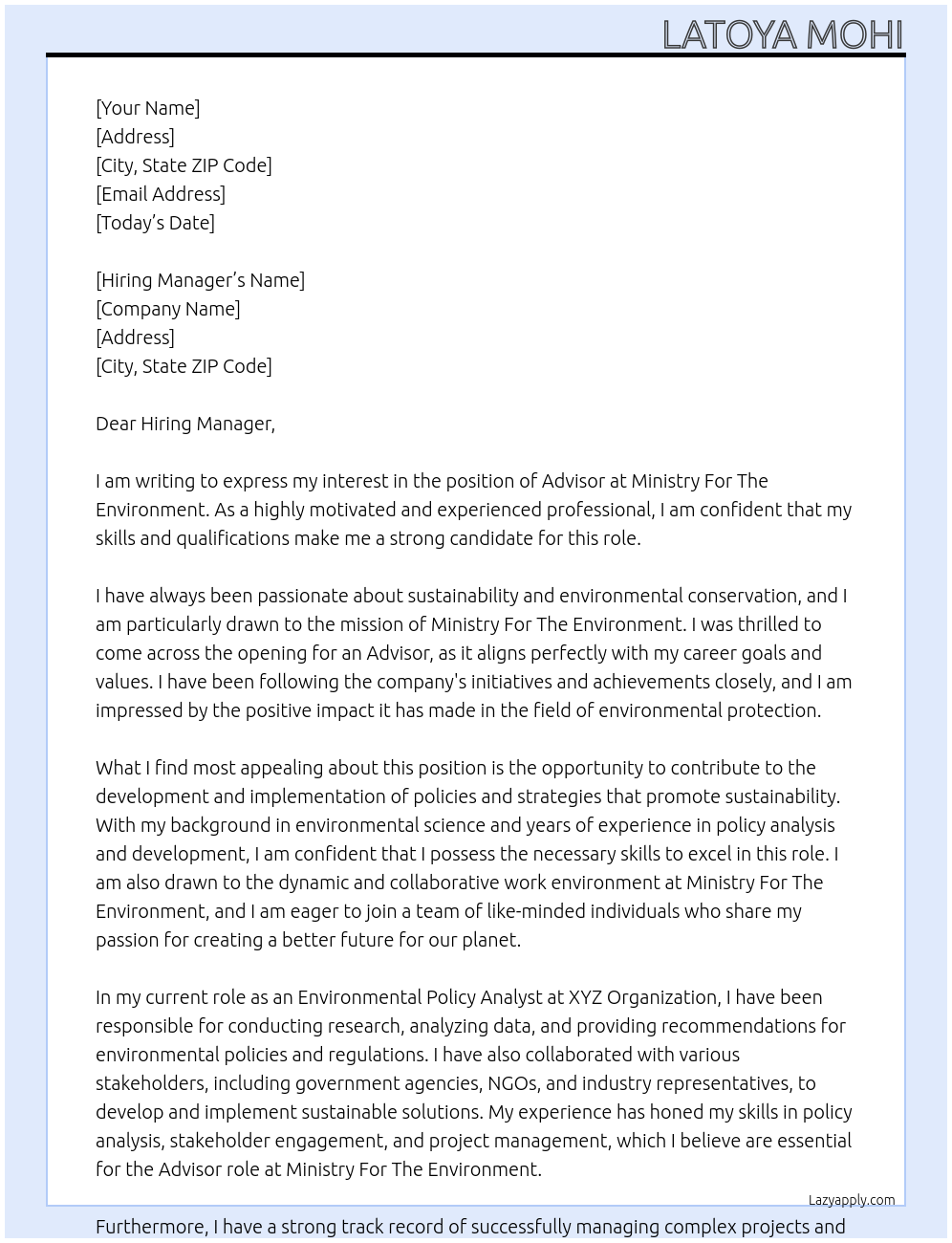 Advisor At Ministry For The Environment Cover Letter