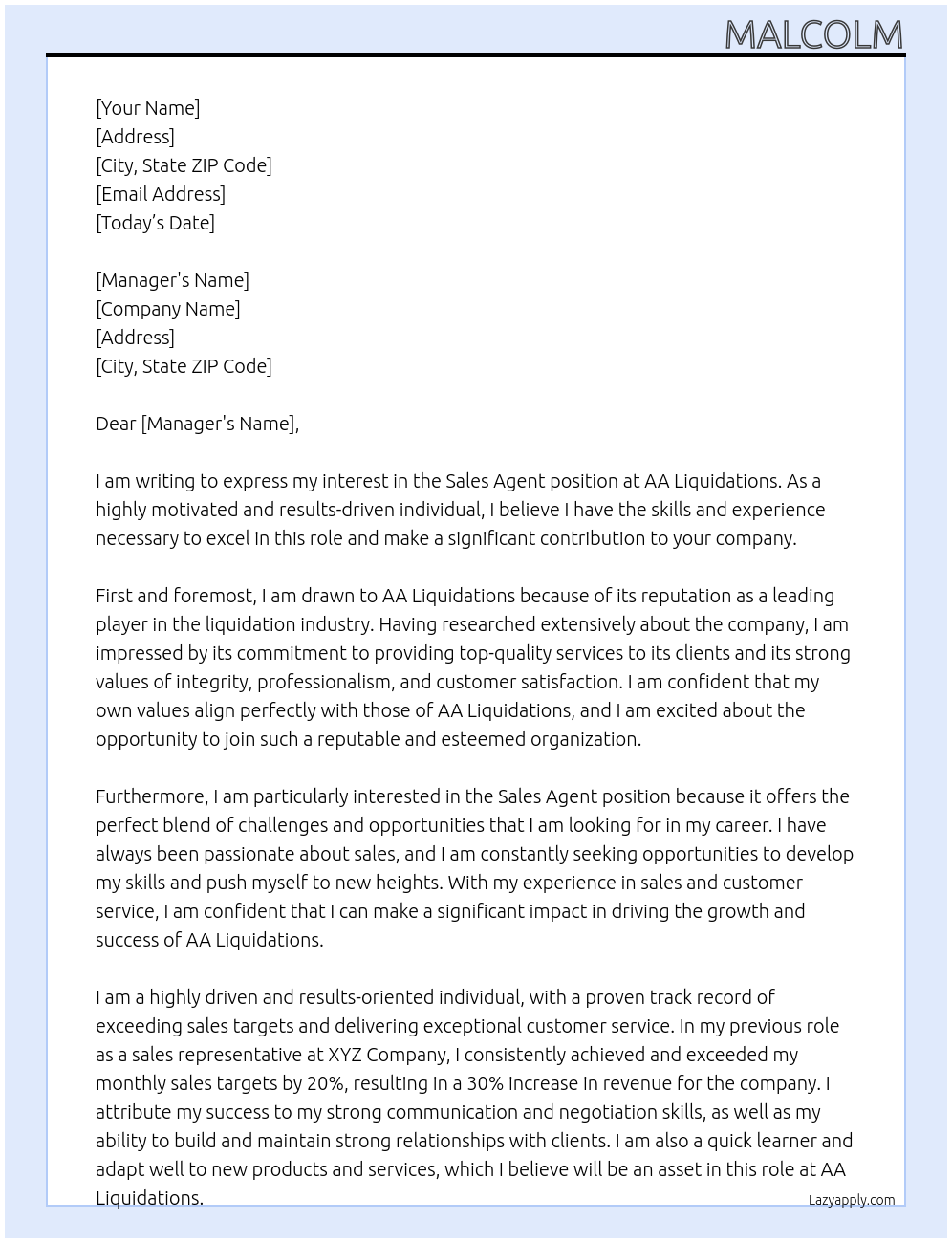 Sales agent At AA Liquiddations  Cover Letter