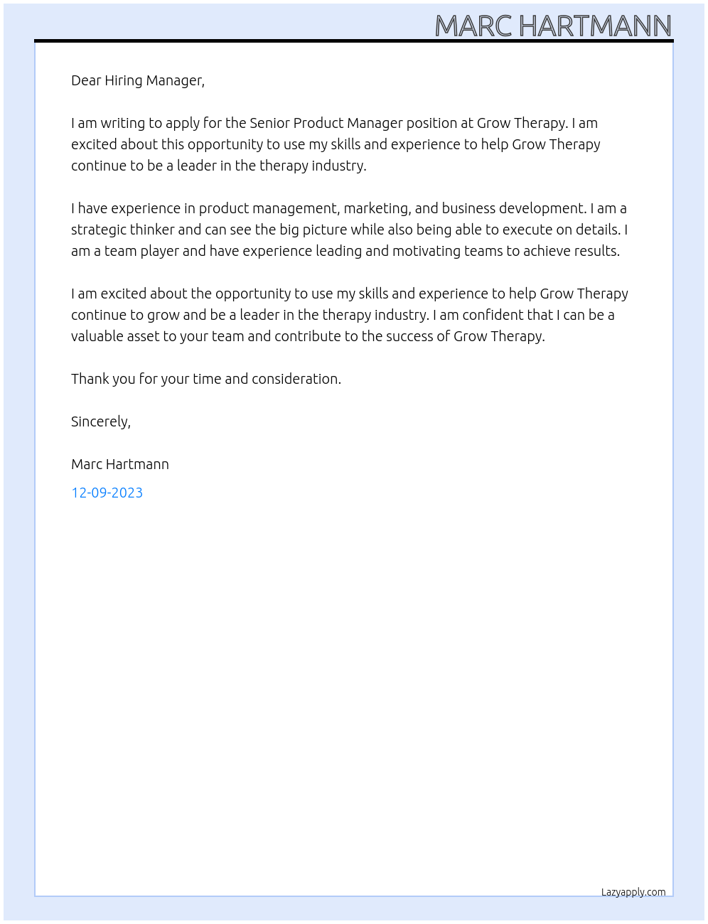 Senior Product Manager At Grow Therapy Cover Letter