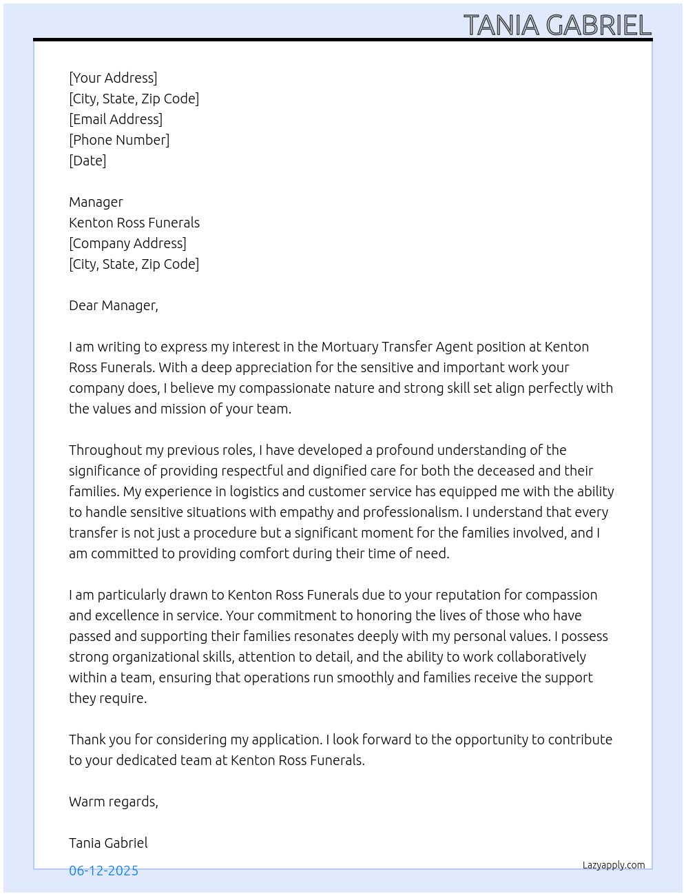 Cover letter for mortuary transfer agent - LazyApply
