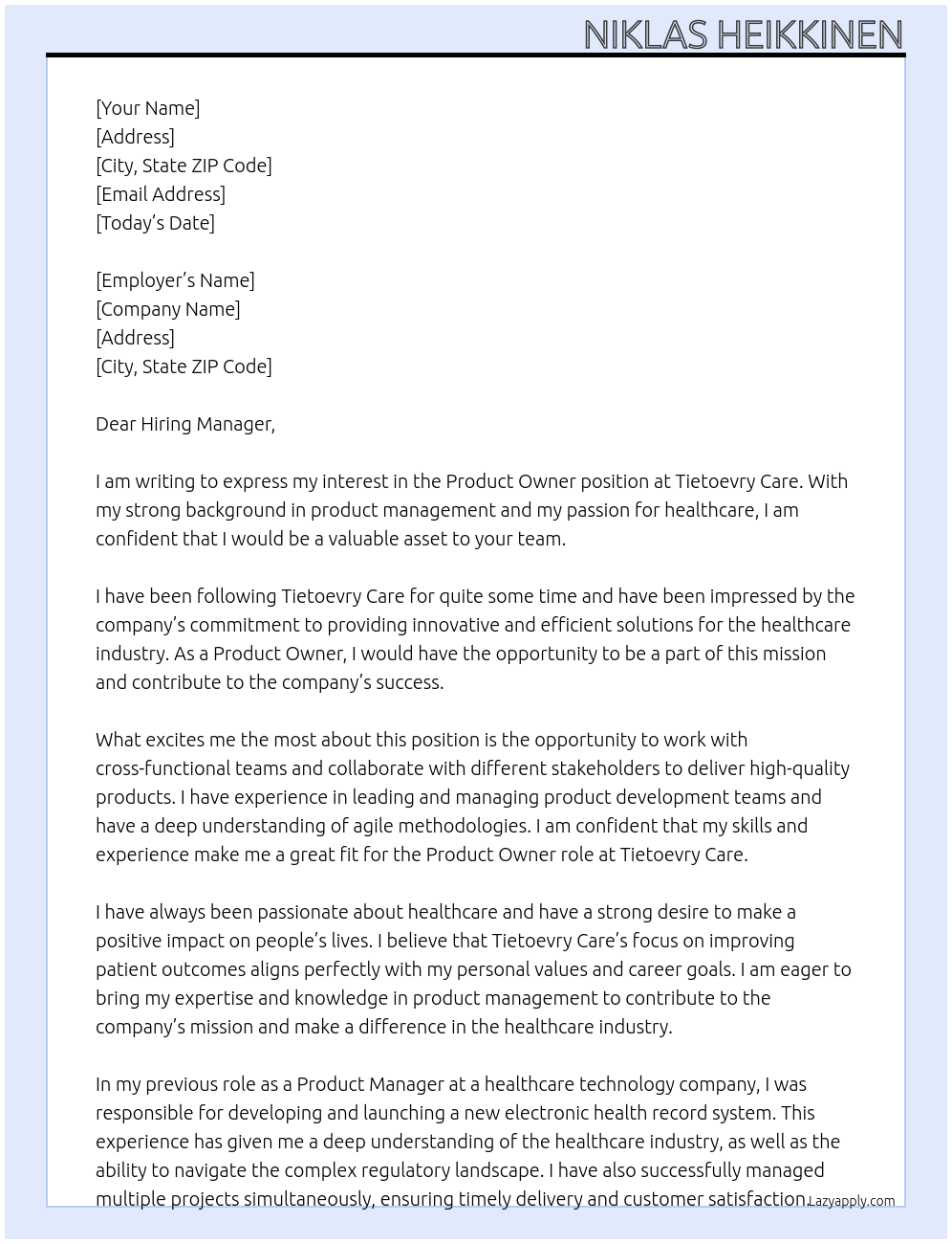 Product owner At Tietoevry care Cover Letter