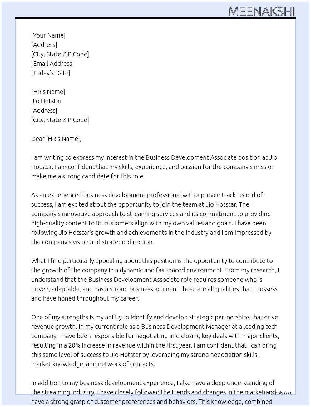 Business development associate At Jio Hotstar Cover Letter