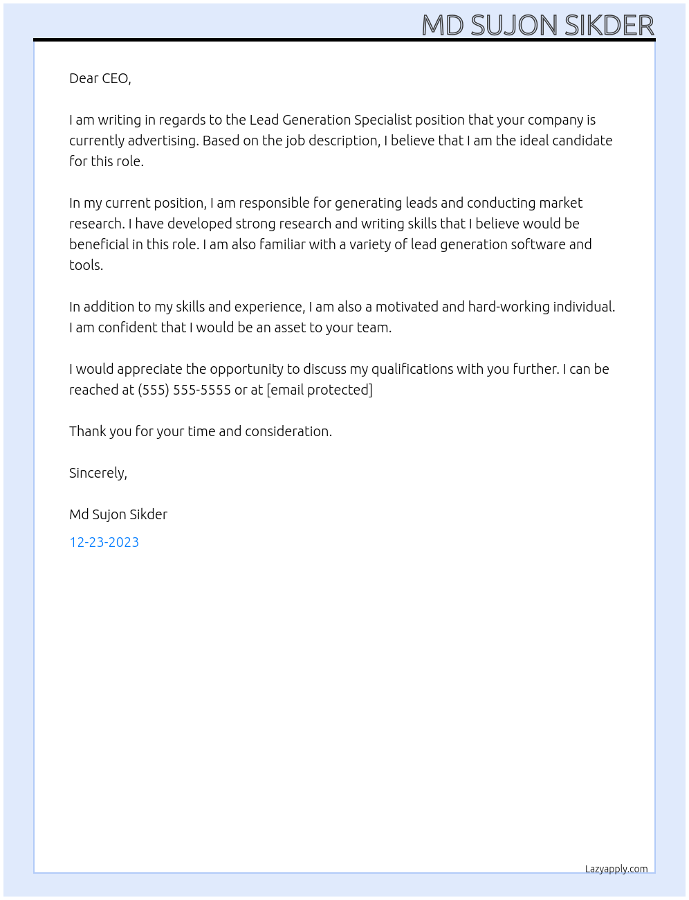 Lead generation Specialist At any Cover Letter