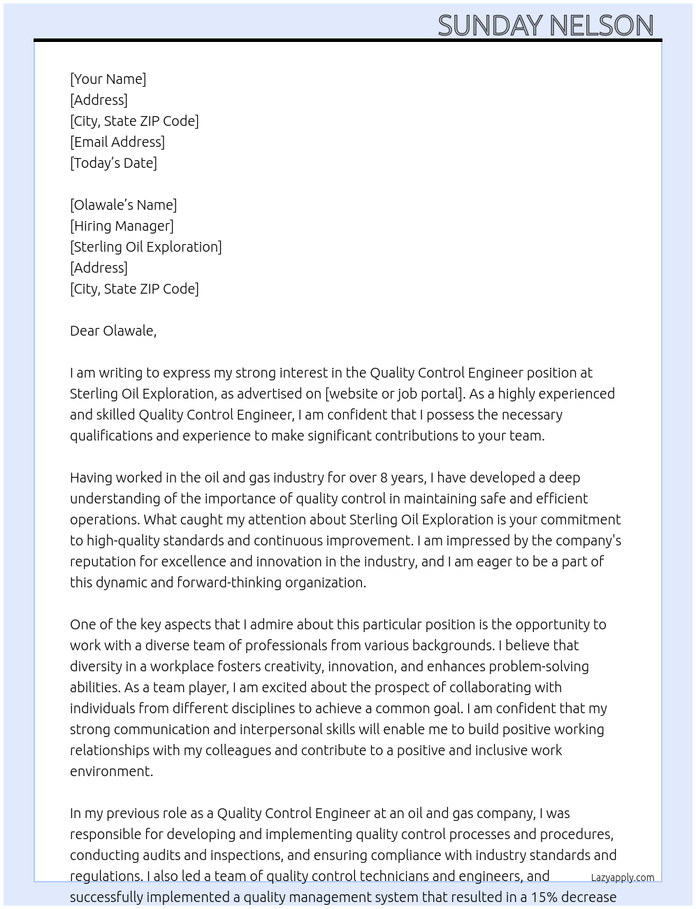 Quality Control Engineer At Sterling Oil Exploration  Cover Letter