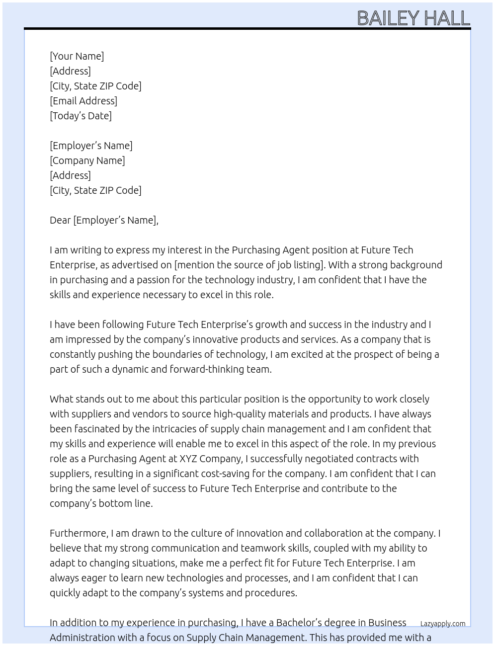 Purchasing agent At Future Tech Enterprise Cover Letter