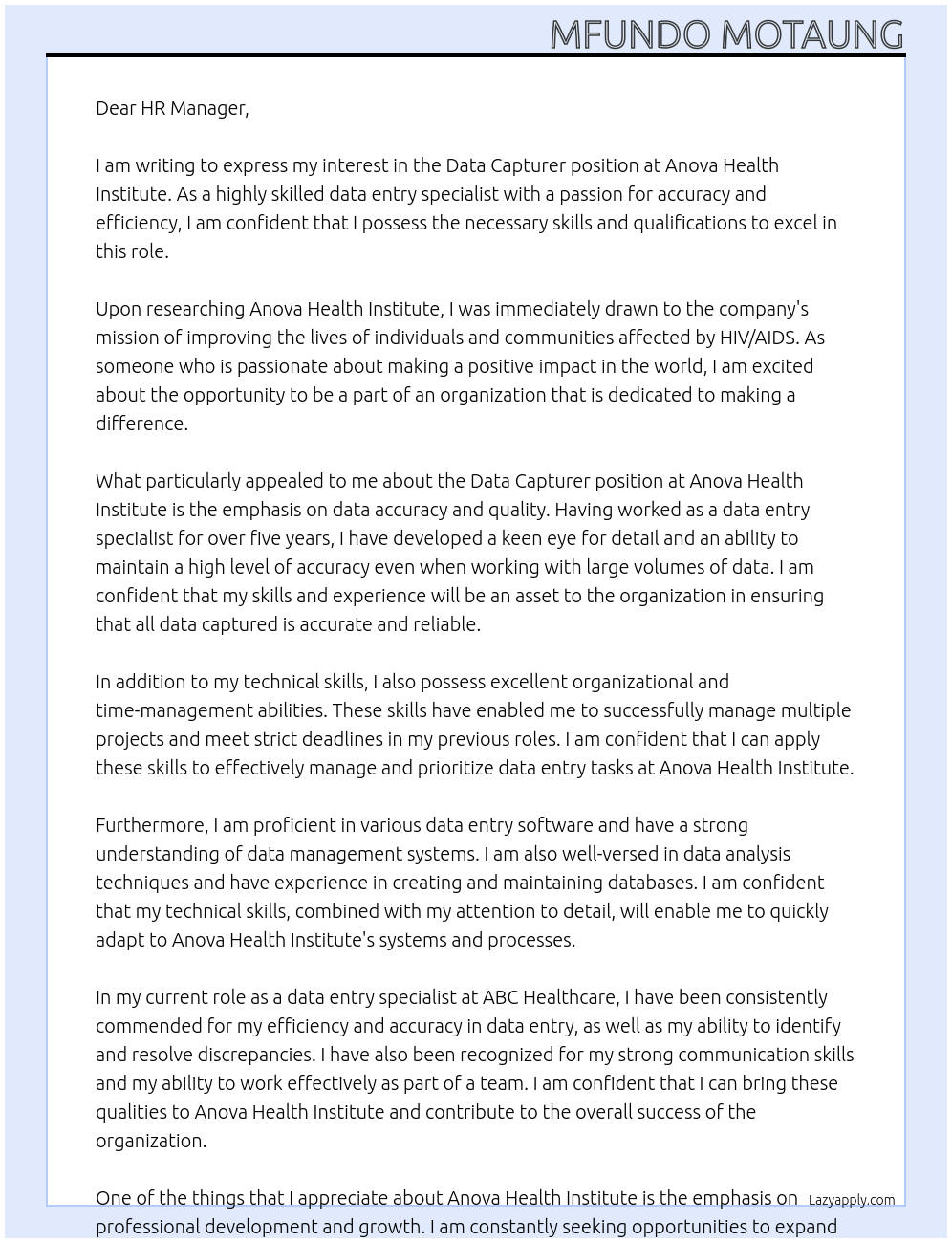 Data Capturer At Anova Health Institute Cover Letter