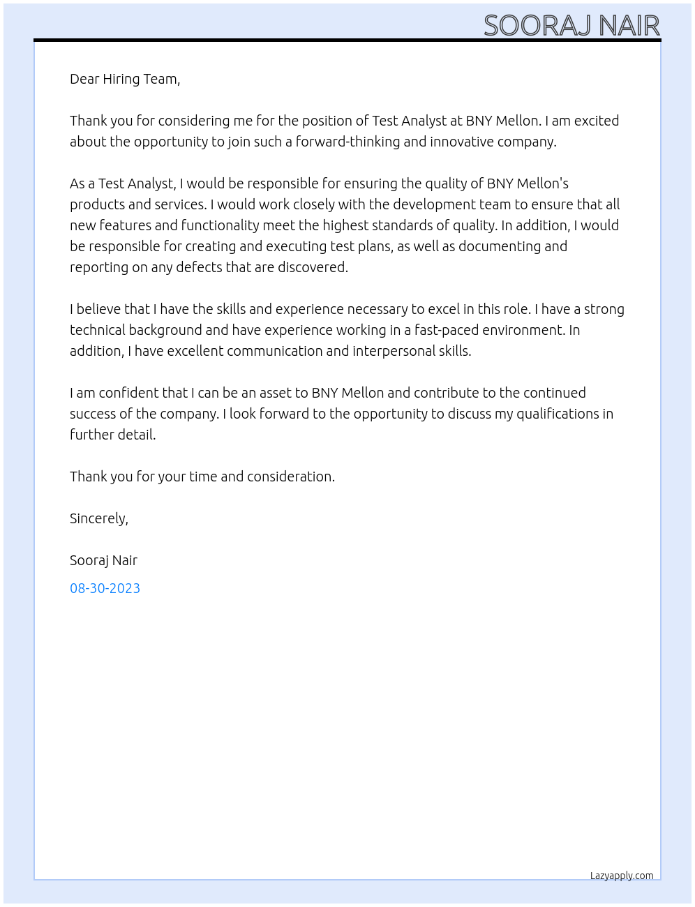 Test Analyst At BNY Melon Cover Letter