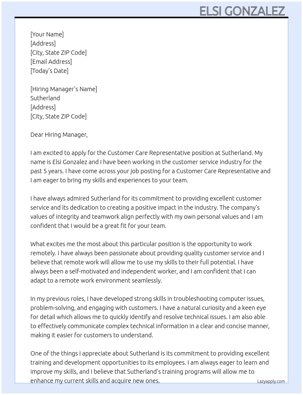 Customer Care Representative At Sutherland  Cover Letter