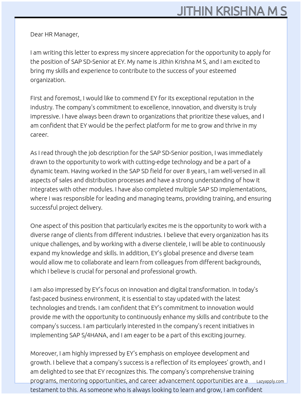 Cover letter for sap sd-senior - LazyApply