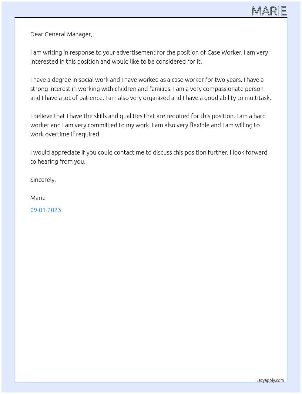 Case Worker At CARAD Cover Letter