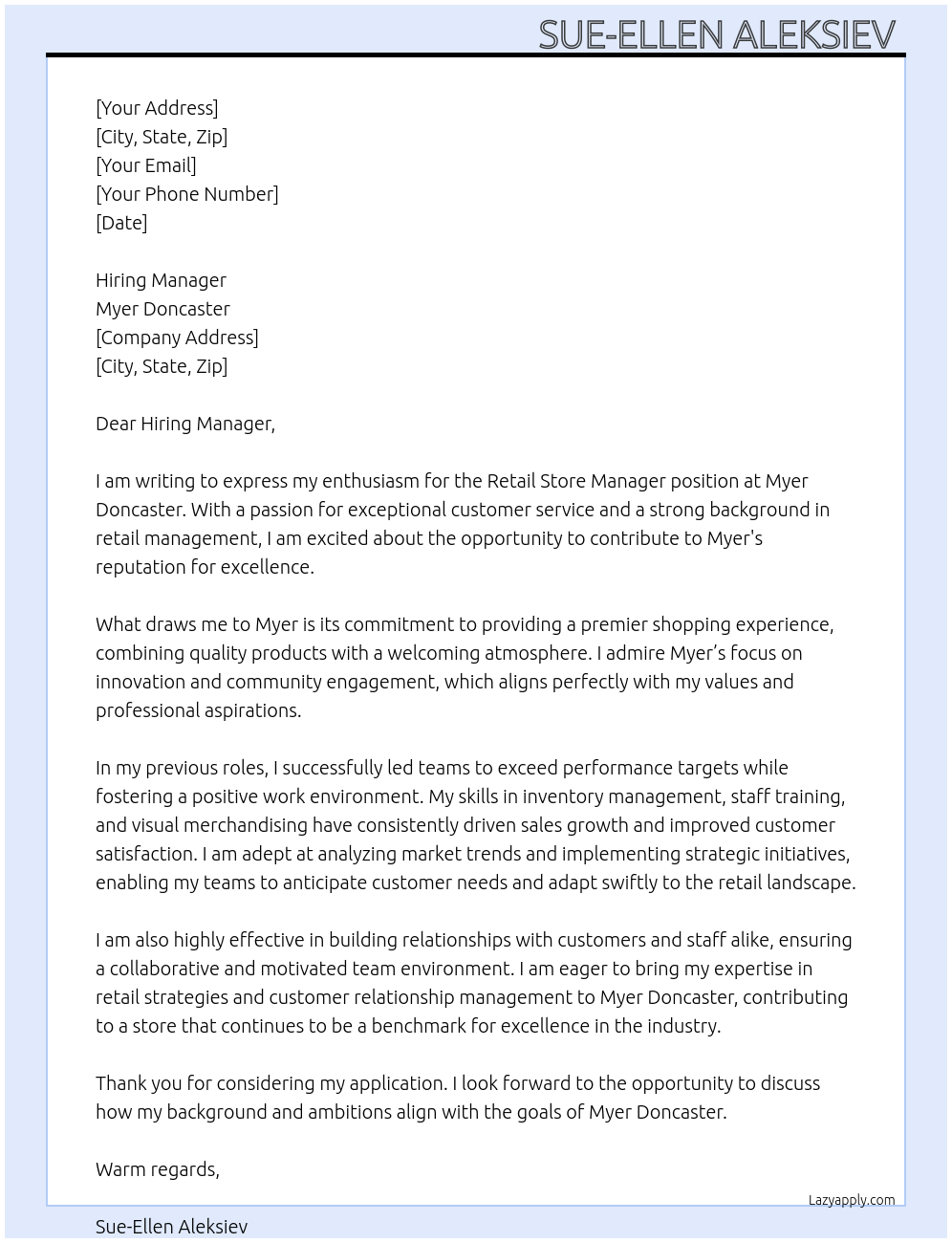 Retail Store Manager At Myer Doncaster Cover Letter