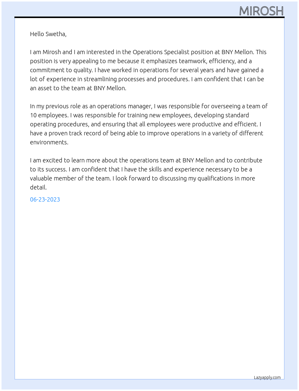 Operations Specialist At BNY Mellon Cover Letter