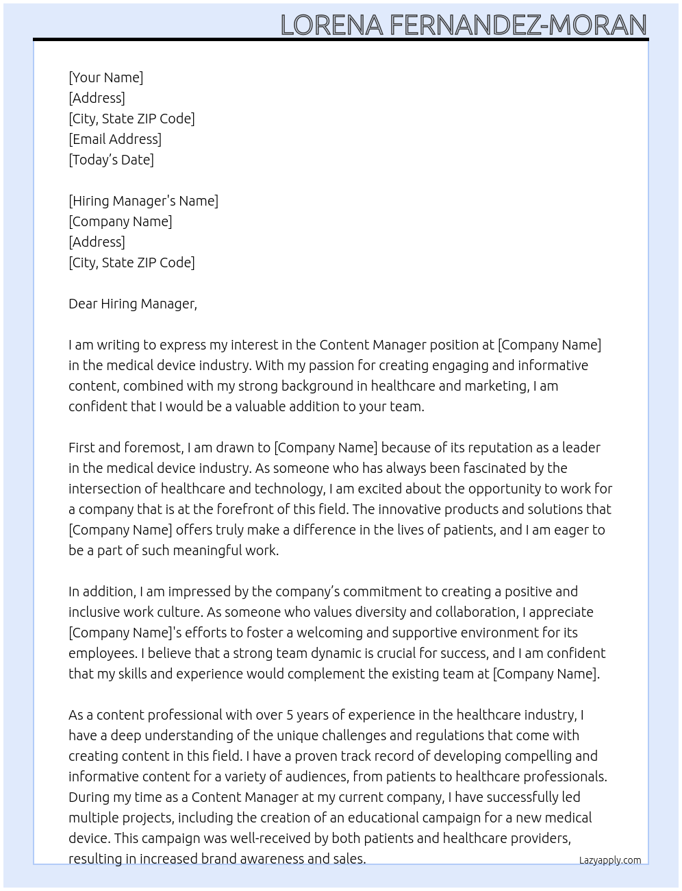 Content Manager At medical device industry Cover Letter