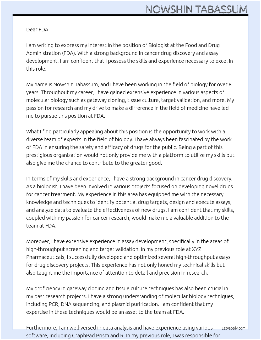 Biologist At FDA Cover Letter