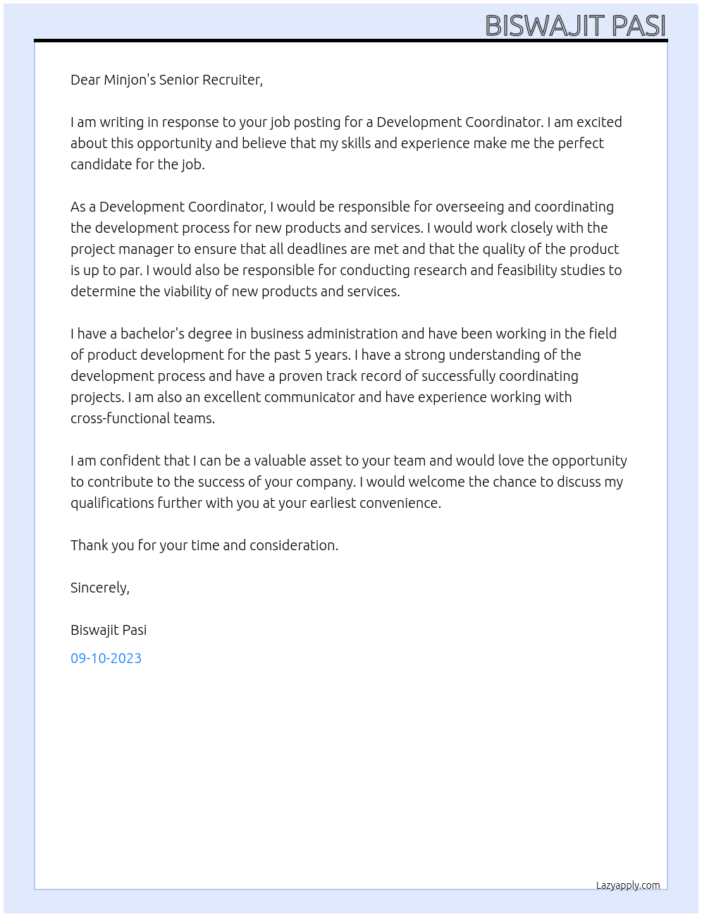 Development Coordinator At Minjon's Senior Recruiter  Cover Letter